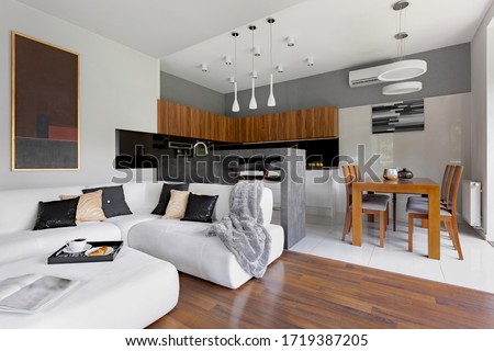 Modern apartment with living room and kitchen with dining table in one space