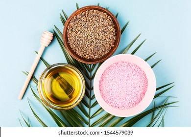 The Modern Apothecary Or Home Spa Composition. Selfcare, Relaxation And Beauty Items. Dry Lavender, Pink Salt And Honey On Palm. Flatlay, Top View. Copy Space For Your Text.