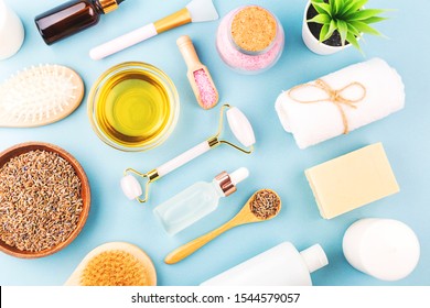 The Modern Apothecary Or Home Spa Composition. Selfcare, Relaxation And Beauty Items. Jade Rollers, Dry Lavender, Serums, Essential Oil, Honey. Flatlay, Top View. Copy Space For Your Text.