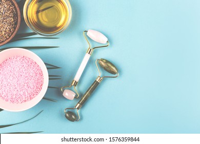 The Modern Apothecary Or Home Spa Composition. Selfcare, Relaxation And Beauty Items. Jade Rollers, Dry Lavender And Honey. Flatlay, Top View. Copy Space For Your Text.