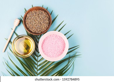 The Modern Apothecary Or Home Spa Composition. Selfcare, Relaxation And Beauty Items. Dry Lavender, Pink Salt And Honey On Palm. Flatlay, Top View. Copy Space For Your Text.