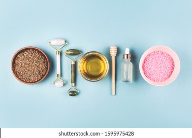 The Modern Apothecary Or Home Spa Composition. Selfcare, Relaxation And Beauty Items. Jade Rollers, Dry Lavender And Honey. Flatlay, Top View. Copy Space For Your Text.