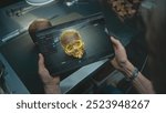 Modern archaeological lab: Archaeologist studies ancient human anatomy using tablet computer. Screen shows user interface, process of scanning fossil skull through camera in 3D modeling software. VFX