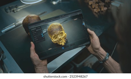 Modern archaeological lab: Archaeologist studies ancient human anatomy using tablet computer. Screen shows user interface, process of scanning fossil skull through camera in 3D modeling software. VFX - Powered by Shutterstock