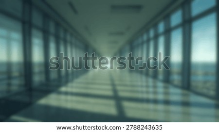 A modern architectural interior perspective showcasing a long corridor with large windows, offering natural light and a sense of spaciousness. The design emphasizes clean lines and a contemporary aesthetic.