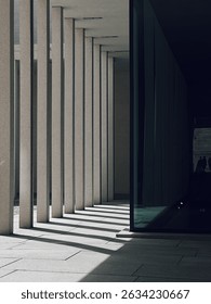 Modern architectural pillars casting shadows on a sunlit pathway, showcasing geometric design and symmetry.