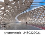 Modern architectural urbanistic Atyrau fish bridge across Ishim river. Pedestrian bridge with graceful fish scales interior, Nur-Sultan, Astana, Kazakhstan. High quality photo