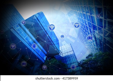 modern architecture exterior and wireless communication network, abstract image visual