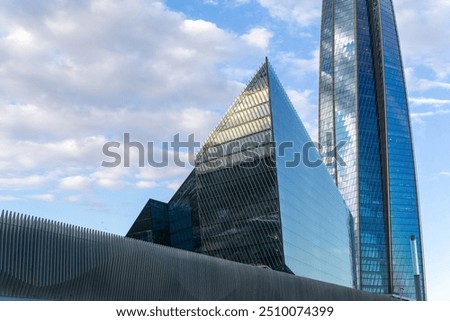 modern architecture, facade elements of contemporary building against evening sky