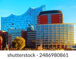 Modern architecture of the HafenCity quarter in Hamburg, Germany. View of Elbphilharmonie concert hall in Hamburg