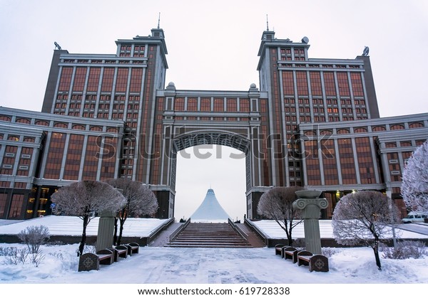 Modern architecture of Kazakhstan. Winter\
in new Astana, Kazakstan. 1 February\
2017