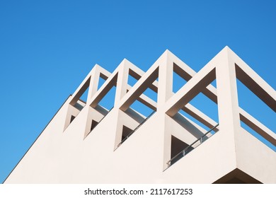 Modern architecture minimal building abstract concrete house. Abstract architecture geometric building modern pillar arch balcony construction. Geometry architecture design building balcony background - Shutterstock ID 2117617253