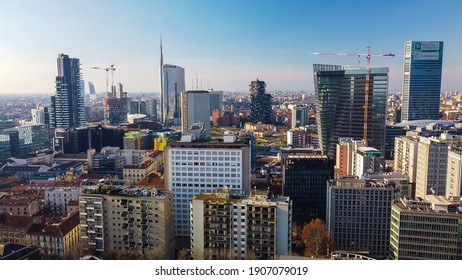 Modern Architecture In The New Business Center Of The Milan Skyscraper Grattacielo Pirelli Varezine. Office Buildings. Milano Centrale. Aerial View Of Piazza Duca D'Aosta. Milan, Italy, 01:20:2021: