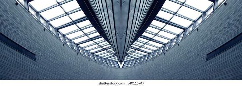 Modern Architecture. Reworked Photo Of Public Or Office Building Interior Featuring Stone Tiled Walls And Modular / Structural Glass Ceiling.