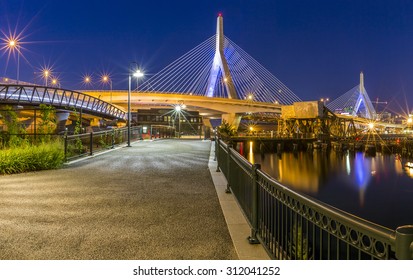 The modern architecture of the Zakim Bridge in Boston, Massachusetts, USA at sunset.