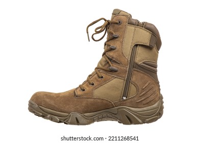 Modern Army Combat Boots. New Desert Beige Shoes. Isolate On A White Background.