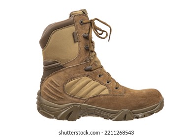 Modern Army Combat Boots. New Desert Beige Shoes. Isolate On A White Background.