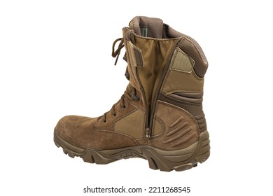 Modern Army Combat Boots. New Desert Beige Shoes. Isolate On A White Background.