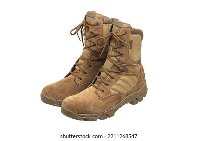 Modern Army Combat Boots. New Desert Beige Shoes. Isolate On A White Background.