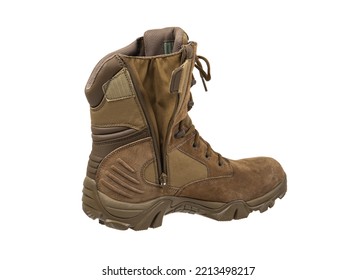 Modern Army Combat Boots. New Desert Beige Shoes. Isolate On A White Background.