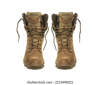 Modern Army Combat Boots. New Desert Beige Shoes. Isolate On A White Background.