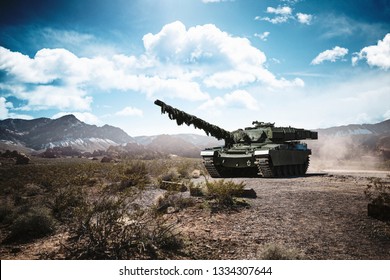 Modern Army Military Main Battle Tank On A War Battlefield. Tank On A Position Aiming To Fire