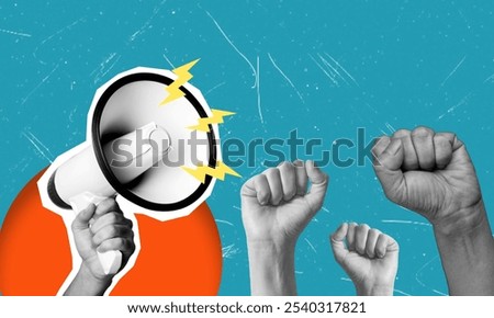 Modern art collage banner art featuring a crowd fists up and a megaphone on a blue background. This concept could be a protest, advertisement, or news piece.