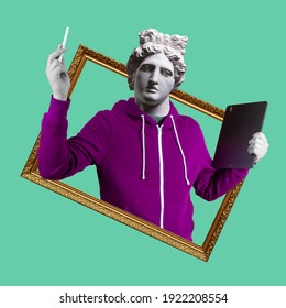 Modern Art Collage. Concept Portrait Man Holding Tablet And Pencil. Gypsum Head Of Apollo.