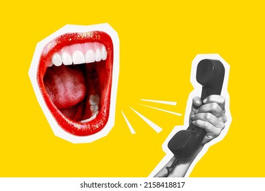 Modern art collage. A crazy mouth screams instead of a head. A human hand with a phone. The concept of human relations. - Shutterstock ID 2158418817
