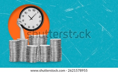 Modern art collage featuring a stack of coins and a hand with a watch on a blue background, copy space. Concept time is money, make money.