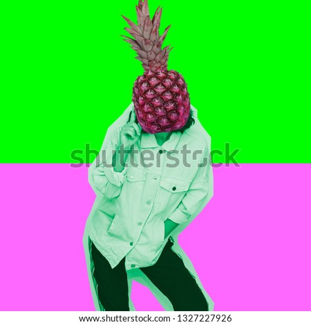 Modern art collage. Female alien model with the big pineapple instead head on pink and green background.   