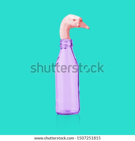Modern art collage. Goose head coming out of the bottle. Minimalism.