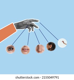 Modern Art Collage. The Huge Hand Of Marketing Controls The Perception Or Sense Organs Of A Person And Manipulates Like A Puppet. Concept Of Persuasion, Exploitation, Control