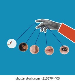 Modern Art Collage. The Huge Hand Of Marketing Controls The Perception Or Sense Organs Of A Person And Manipulates Like A Puppet. Concept Of Persuasion, Exploitation, Control