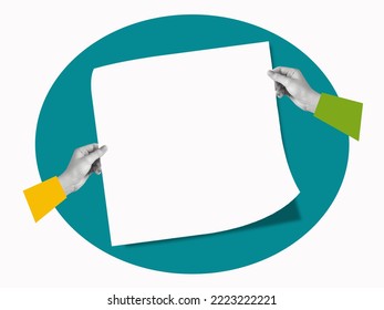 Modern art collage and human hands holding paper for advertising   information poster  Advertising concept  Symbolism   Surrealism  Bright background and copy space 