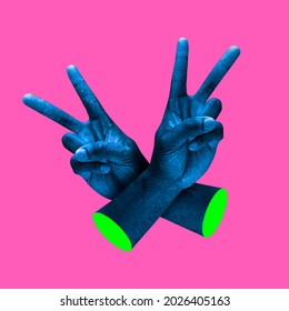 Modern art collage in pop-art style. Contemporary minimalistic artwork in neon bold colors with hands showing victory sign. Psychedelic design pattern. Template with space for text.