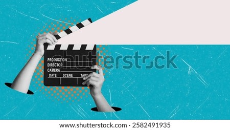 Modern art collage showing hands holding a clapper on a blue background with copy space. Concept of movie production.