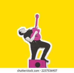  Modern art collage of stylish emotional young man singing and playing guitar, hand drawn. Black and white image, isolated yellow background. Music, festival, creativity and inspiration concept.  - Powered by Shutterstock