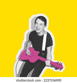  Modern art collage of stylish emotional young man singing and playing guitar, hand drawn. Black and white image, isolated yellow background. Music, festival, creativity and inspiration concept.  - Powered by Shutterstock