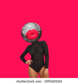 Modern art collage. A womans body with disco ball and red lips head