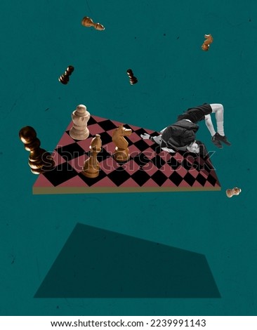 Modern art design, contemporary collage. Man on chess board. Inspiration, idea, trendy urban fashion style. Copy space for text or ad. Surrealism. Poster for exhibitions