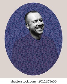 Modern Art Design. One Young Smiling Caucasian Man In Dark Blue Patterned Clothes, The Same As Background Of The Image. Positive Emotions.