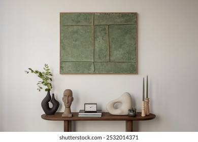 Modern art and minimalist decor. A minimalistic console table adorned with abstract art and natural elements, blending modern art with simplicity. - Powered by Shutterstock