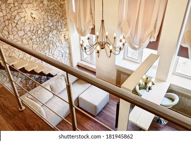 Modern Art Nouveau Style Two-high Living-room Interior With Staircase, Top View