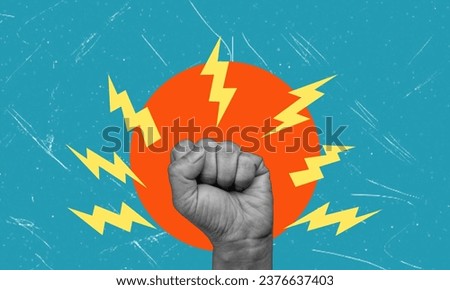 A modern artistic collage of a human hand clenched in a fist with lightning on a blue background. The concept of resistance
