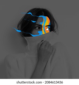 Modern artwork with black and white portrait of young girl with bright colored spots on her face. Concept of mental health, inner fears, diversity, psychology of personality. Ideas, imagination