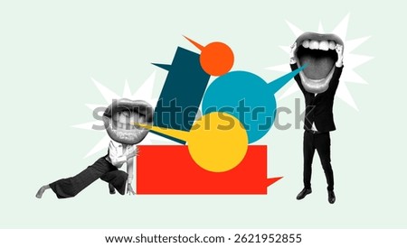 Modern artwork. Explosive Speech. Two figures react with oversized mouths and starburst speech bubbles flying out in chaotic visual. Concept of communication, propaganda, opinion, journalism.