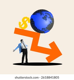 Modern artwork. Man braces under crashing arrow and collapsing globe, expressing panic and uncontrollable market downturn in global trade system. Concept of global financial crisis, inflation, tariffs