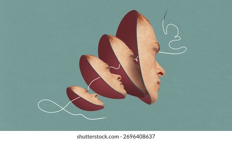 Modern artwork. Split layered human head connected with thread. Concept of mental health awareness, cognitive reconstruction, psychological healing, emotional balance, and self-understanding.