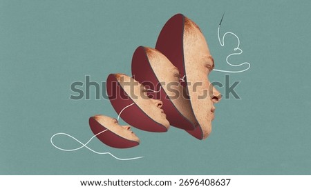 Modern artwork. Split layered human head connected with thread. Concept of mental health awareness, cognitive reconstruction, psychological healing, emotional balance, and self-understanding.
